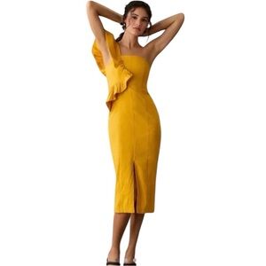 Anthropologie Ruffle One-Shoulder Midi Slim Dress in Marigold Yellow